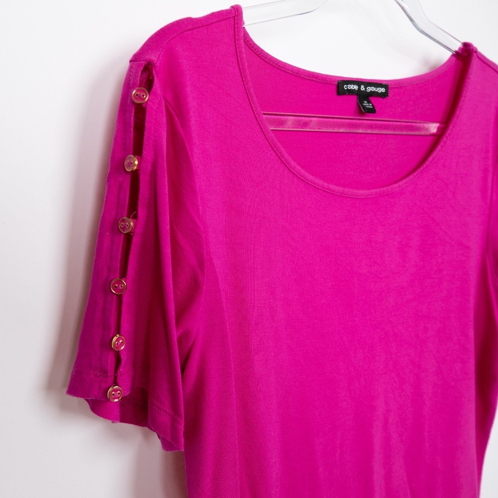 Cable & Gauge Button Sleeve Top Crew Neck Knit Tee Shirt Fuchsia M - Picture 6 of 12